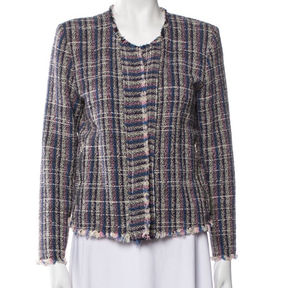 IRO Frannie Blue, Pink and Ivory Tweed Open Jacket with Fringe Trim - Picture 6 of 10